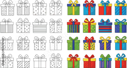 Gift box icon set, 30 black and color present illustrations, ribbon bow packaging, festive vector, birthday, Christmas, celebration, holiday design