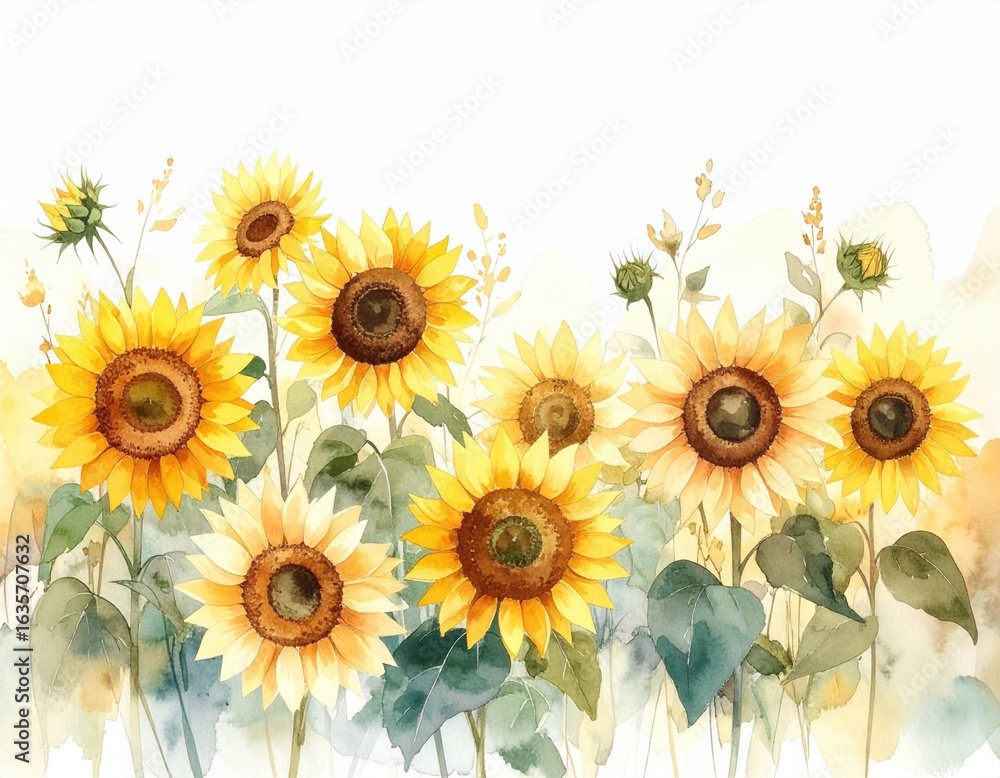 Obraz premium 夏空とひまわり畑を描いた水彩画