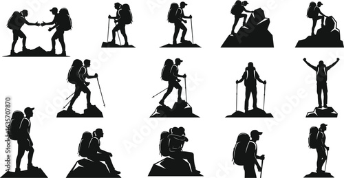 Hiker silhouette collection, outdoor adventure poses, trekking vector illustration, climbing, walking, helping, celebrating, backpack gear, nature activity, hiking motion study