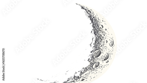 Crescent moon vector illustration with craters and texture for astronomy and space themed designs and projects