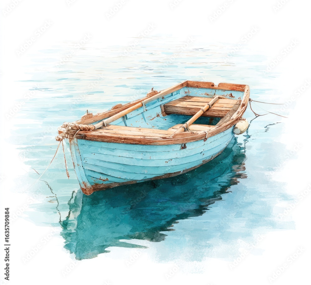 Obraz premium Light-blue, weathered rowboat on tranquil water