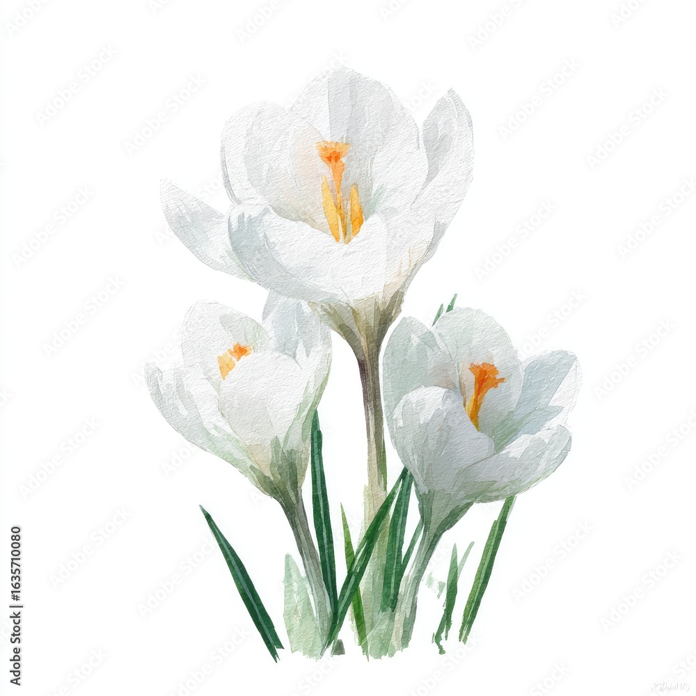 Fototapeta premium Delicate white crocuses, painted in soft tones, with a touch of sunshine