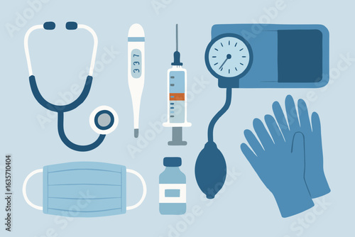 Collection of Medical Tools – Syringe, Thermometer, Dropper, and Glove