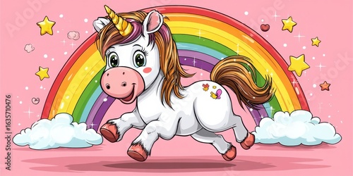 Positive Thinking Cute Cartoon Style Concept. Cute Cartoon Unicorn with Rainbow and Stars in a Playful Pink Background