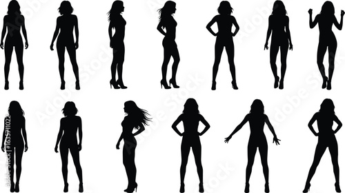Silhouette set of female body poses, fashion figure template, woman model standing positions, CAD flat vector illustration, design sketch for apparel
