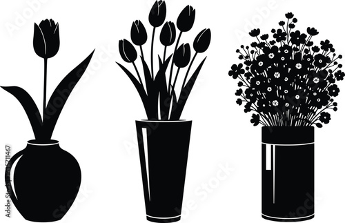 Silhouette vector illustration of flower vases with tulips and wildflowers, decorative floral arrangement design, black and white vase artwork for home decor, print