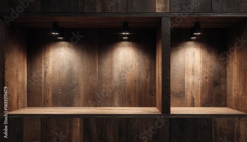 Dark wood display niches with recessed lighting