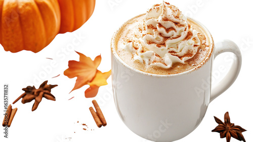 • A fall-themed pumpkin spice latte with whipped cream, isolated on white background in HD 