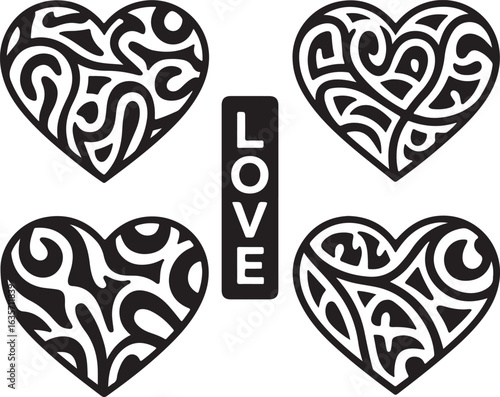 Ornate Heart Designs with 'LOVE' Typography – Elegant Romantic Art