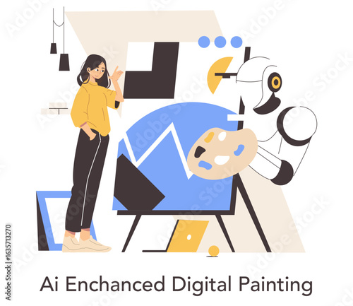 AI Robot Collaborating with Artist Vector Illustration
