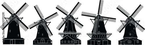 Silhouettes of traditional windmills with large sails, iconic Dutch style architecture, rural landscape elements, historic milling structures, and vintage agricultural landmarks