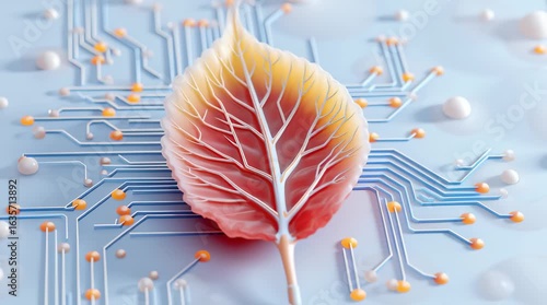 Fusion of Nature and Technology Leaf on Circuit Board Symbolizes Innovation in Startup Incubation Phase