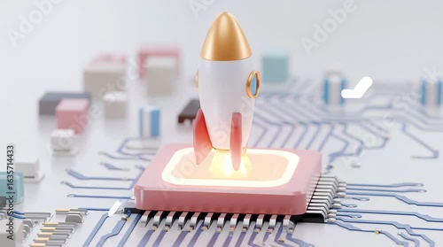 Rocket Symbolizes Startup Incubation on Microchip Circuit Board Representing Innovation and Technology Launch