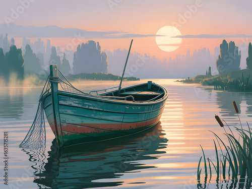 Wallpaper Mural Serene lake tranquil boat sunset fishing water Torontodigital.ca