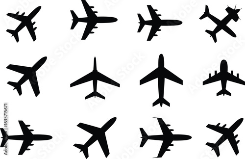 Airplane silhouettes, aircraft icons, aviation design, commercial planes, flight travel, air transport, jet planes, airport concept, aviation industry, travel symbols