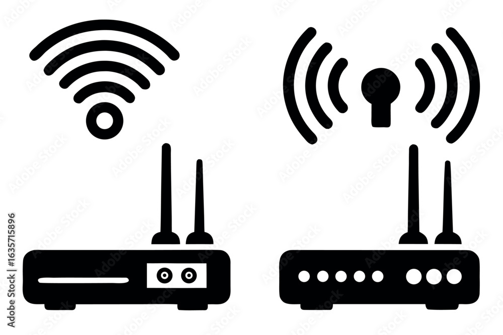 Set of four modern wireless router and network connection icons Set of four modern wireless router and network connection icons