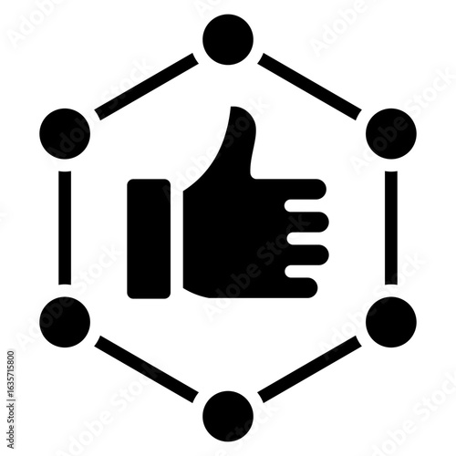 Approval Network Glyph Black Silhouette Icon Design Vector - Thumbs up inside a connected hexagonal structure showing approval, social validation, or peer endorsement in a networked system