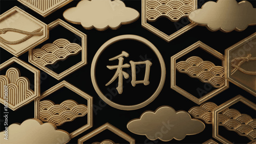 A collection of traditional Japanese decorative elements and frames in gold and dark colors arranged on a black background.