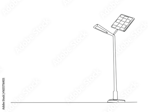 Continuous line art drawing of street lamp with solar panel. Street light in single line art drawing vector illustration. Editable stroke.