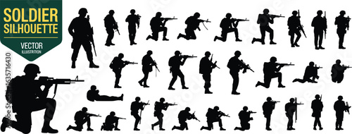 Soldier silhouettes, military combat poses, armed forces vector, army riflemen, tactical operations, war concept, battlefield illustration, defense, armed men, security