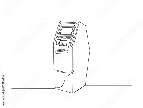 Continuous line art drawing of ATM bank machine. Automated teller machine in single line art drawing vector illustration. Editable stroke.