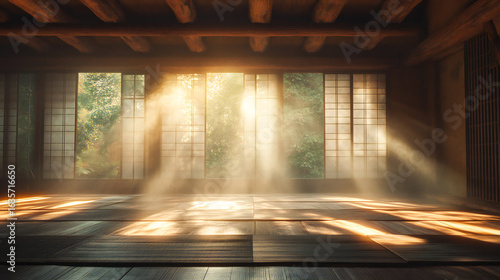 Atmospheric 3d rendering of a traditional japanese dojo interior with tatami mats shoji screens and wooden beams bathed in soft hazy light creating a serene ambiance