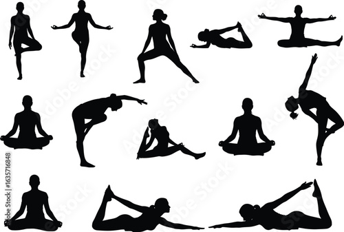 Collection of diverse yoga poses performed by silhouettes of women demonstrating flexibility and balance in a clean white background