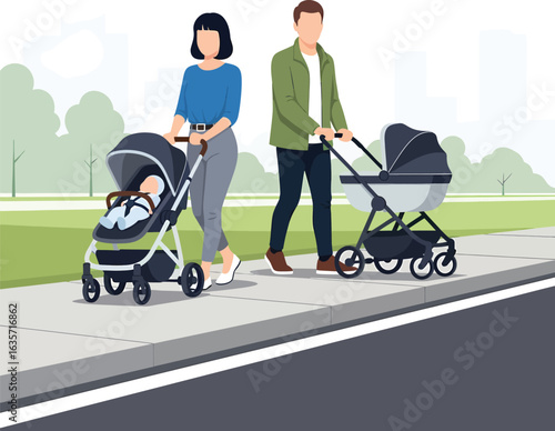 Couple pushing baby strollers on a sidewalk next to a road.