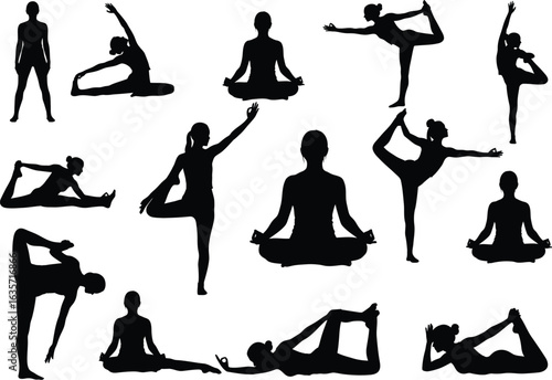 Collection of diverse yoga poses in silhouette form showcasing flexibility strength and balance in a clean white background
