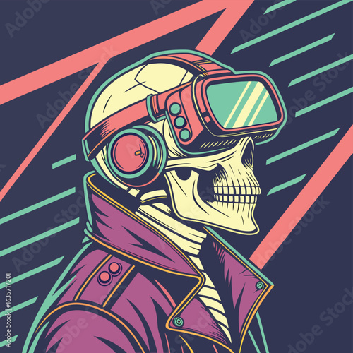 Cyberpunk skeleton wearing V R goggles and headphones with neon lines background vr goggles virtual reality