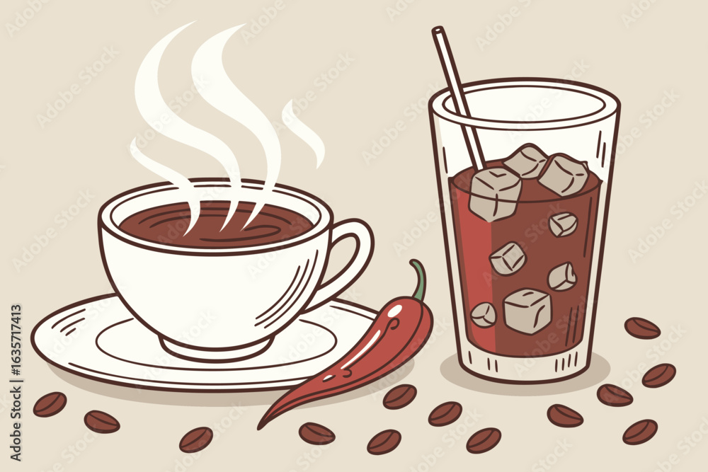 Obraz premium A cup of hot coffee with steam and a glass of iced coffee with chili and coffee beans scattered around