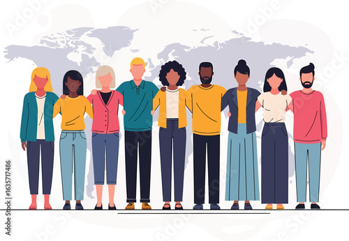 Diverse group of people standing together with arms around each other symbolizing unity and global connection.