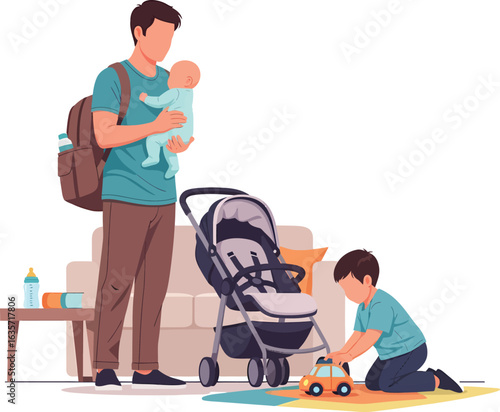 Father holding baby with son playing near stroller and toys.
