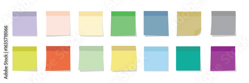 Multicolor post it notes isolated on transparent background. Colored sticky note set. Vector realistic illustration. Sticky note collection with curled corners and shadows eps 10