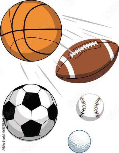 Cartoon sports balls collection – basketball, football, soccer ball, baseball, and golf ball vector clipart, athletic equipment icons, game gear illustration, sports graphic set