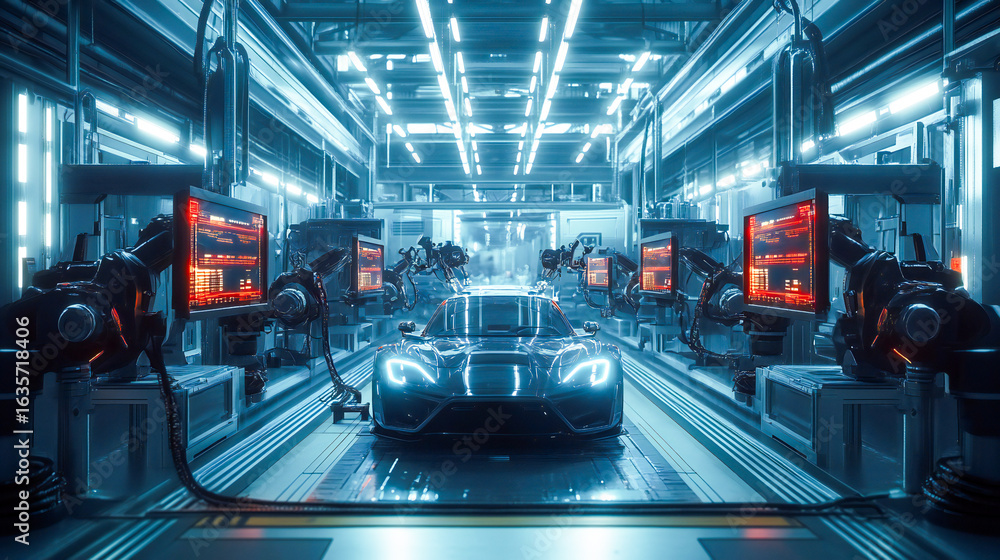 Fototapeta premium Automotive precision robotic arms assemble sleek electric vehicles on hightech production line holographic displays monitor progress futuristic factory setting