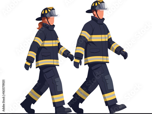 Two firefighters in protective gear walking sidebyside.