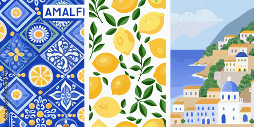 Amalfi coast with lemons and traditional tile patterns
