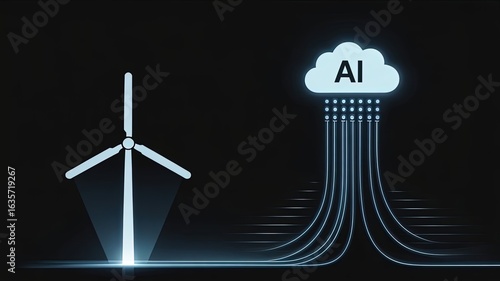 Wallpaper Mural Wind Turbine AI Cloud: A modern illustration of renewable energy intersects with artificial intelligence, showcasing a wind turbine paired with an AI cloud. Torontodigital.ca