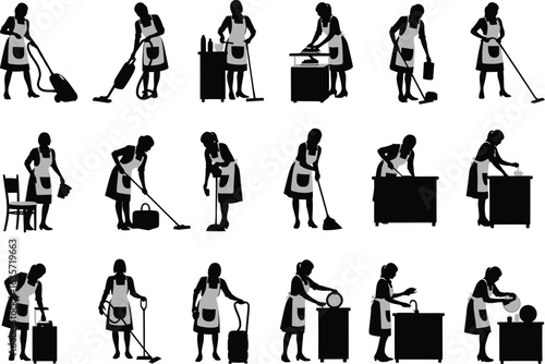 Collection of silhouettes of women engaged in various household cleaning activities with mops and vacuum cleaners
