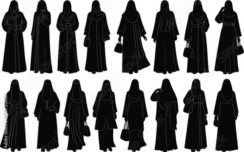 Collection of diverse silhouettes of women in traditional islamic clothing showcasing modesty and cultural attire from various perspectives