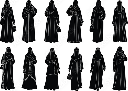 Collection of diverse silhouettes of women in traditional islamic clothing showcasing various styles and poses against a white background
