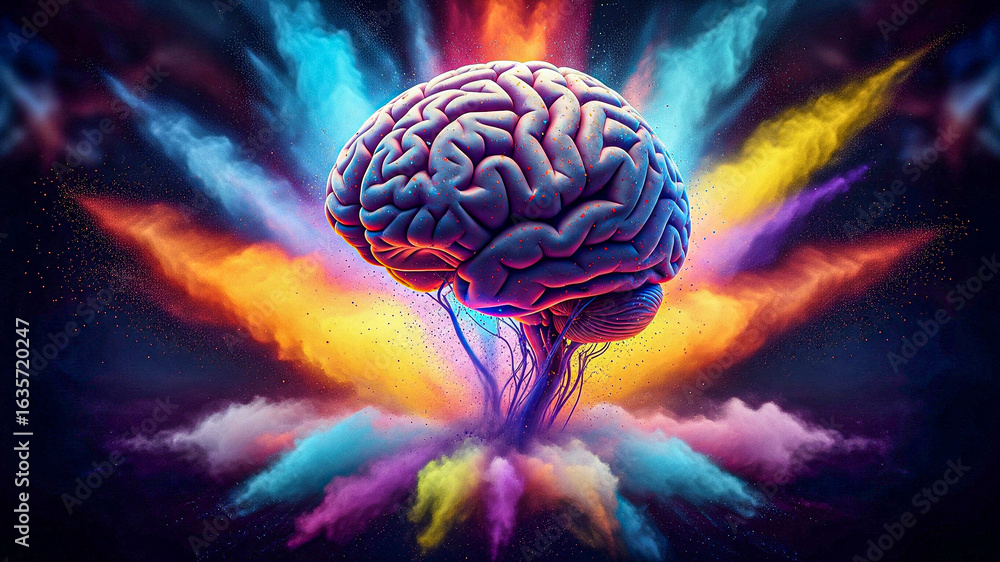 Obraz premium Vibrant Brainpower: Abstract 3D Render of Exploding Colorful Brain, Neuroscience Concept