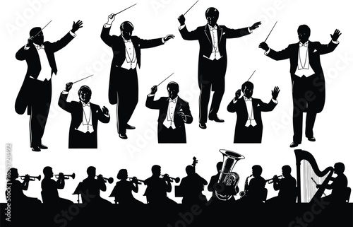 Silhouettes of an orchestra and conductor in formal attire performing music on stage against a white background