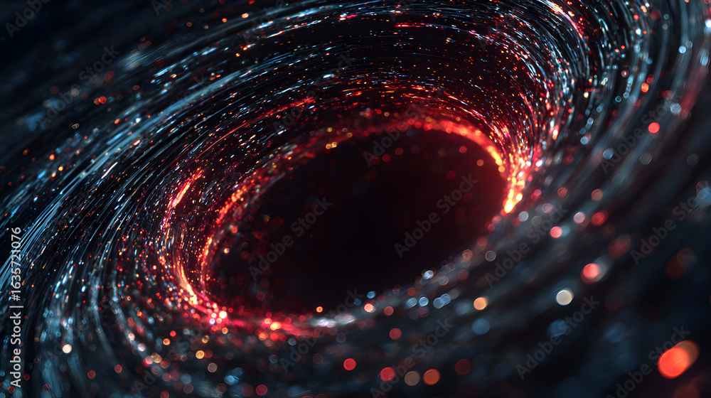 Fototapeta premium Abstract cosmic wormhole vortex with luminous particles and swirling energy streams creating an illusion of deep space exploration and astrophysical phenomenon perfect for