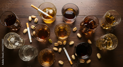 alcohol addiction and drunkenness concept - glasses of different drinks on messy table