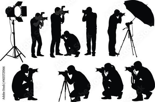 Collection of silhouettes of photographers in various poses with cameras and lighting equipment for studio photography