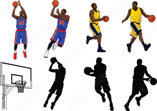 Collection of basketball players in action showcasing dribbling shooting and jumping poses against a white background