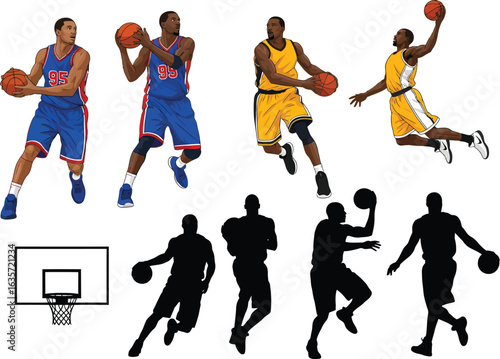 Dynamic basketball players in action showcasing dribbling shooting jumping and slam dunking with a basketball hoop illustration