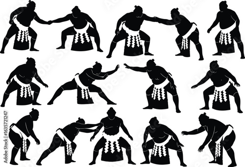 Silhouettes of sumo wrestlers in various fighting stances and actions during a traditional japanese martial arts match
